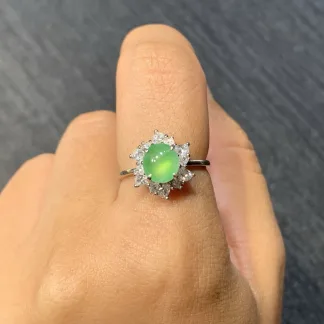 High-Icy Glowing Clear Green Natural Jadeite Cabochon Ring — S925 Silver · No. F5B9