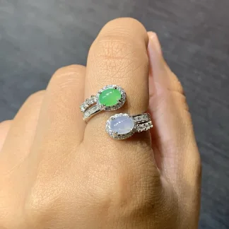 High-Icy White and Green Natural Jadeite Cabochon Ring — S925 Silver · No. 6900