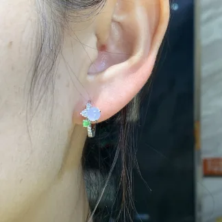 Icy Lavender Natural Jadeite Cabochon Huggie Earrings — S925 Silver · No. 4424