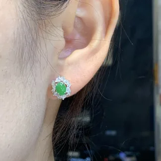 High-Icy Vivid Green Natural Jadeite Cabochon Stud Earrings — S925 Silver · No. 02A1