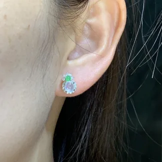 High-Icy Glowing Natural Jadeite Cabochon Stud Earrings — S925 Silver · No. 3C05