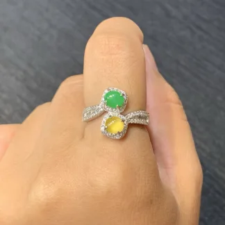 High-Icy Yellow and Green Natural Jadeite Cabochon Ring — S925 Silver · No. 0EC3