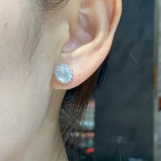 High-Icy Glowing Natural Jadeite Cabochon Stud Earrings — S925 Silver · No. FB6B