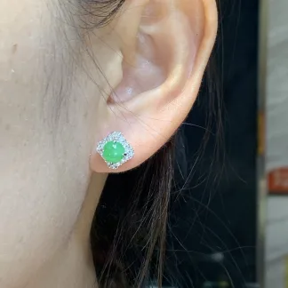 Icy Vivid Green Natural Jadeite Cabochon Stud Earrings — S925 Silver · No. 7787