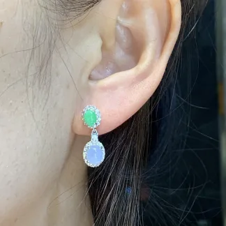 Lavender Natural Jadeite Cabochon Drop Earrings — S925 Silver · No. 044F