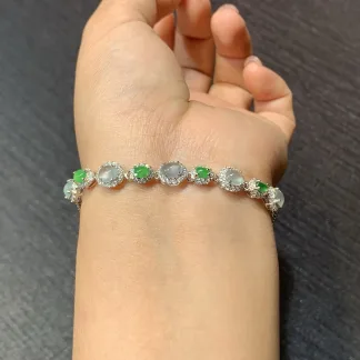 High-Icy Glowing Natural Jadeite Cabochon Bracelet — S925 Silver · No. 35AC