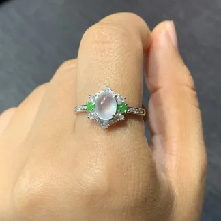High-Icy Glowing Natural Jadeite Cabochon Ring — S925 Silver · No. 9F8D