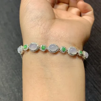 Icy Glowing Natural Jadeite Cabochon Bracelet — S925 Silver · No. 866D