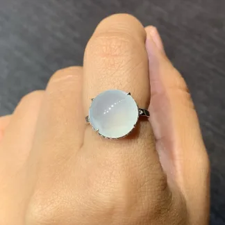 High-Icy Glowing Natural Jadeite Cabochon Ring — S925 Silver · No. 4D41