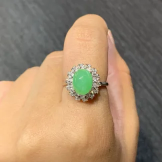 Soft Vivid Green Natural Jadeite Cabochon Ring — S925 Silver · No. 975B