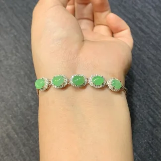 Icy Vivid Green Natural Jadeite Cabochon Bracelet — S925 Silver · No. A7C7