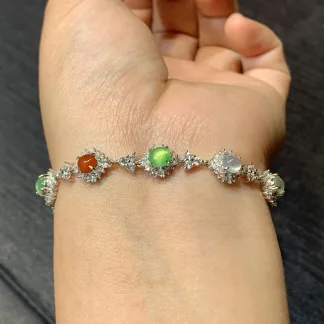 High-Icy Multicolor Natural Jadeite Cabochon Bracelet — S925 Silver · No. 665D