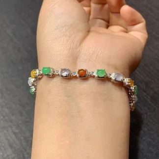 High-Icy Multicolor Natural Jadeite Cabochon Bracelet — S925 Silver · No. 755F