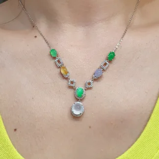 High-Icy Multicolor Natural Jadeite Cabochon Necklace — S925 Silver · No. BACA