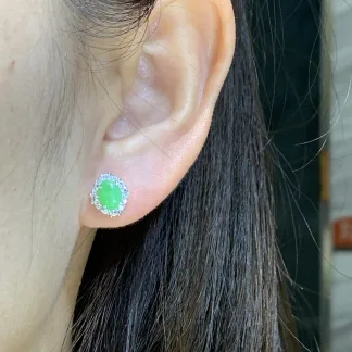 Icy Vivid Green Natural Jadeite Cabochon Stud Earrings — S925 Silver · No. 579D