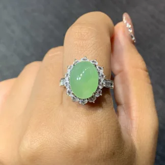 Icy Clear Natural Jadeite Cabochon Ring — S925 Silver · No. B4C8