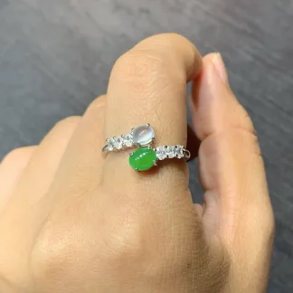 High-Icy White and Green Natural Jadeite Cabochon Ring — S925 Silver · No. 579B