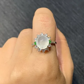 High-Icy Glowing Natural Jadeite Cabochon Ring — S925 Silver · No. EDED