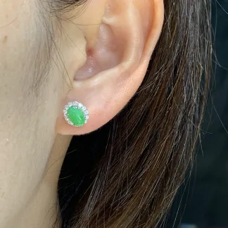 Icy Vivid Green Natural Jadeite Cabochon Stud Earrings — S925 Silver · No. 6A0B