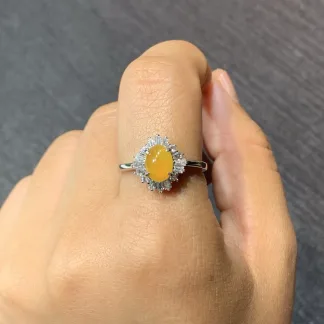 High-Icy Honey Yellow Natural Jadeite Cabochon Ring — S925 Silver · No. BC29
