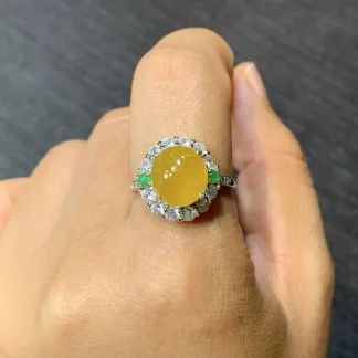 High-Icy Honey Yellow Natural Jadeite Cabochon Ring — S925 Silver · No. B7BE