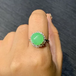 Icy Vivid Green Natural Jadeite Cabochon Ring — S925 Silver · No. 5EC7