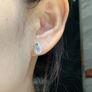 High-Icy Glowing Natural Jadeite Cabochon Stud Earrings — S925 Silver · No. 1B00