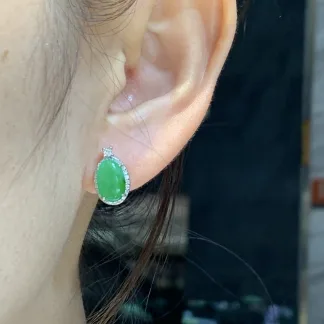 Vivid Green Natural Jadeite Cabochon Stud Earrings — S925 Silver · No. A3B9