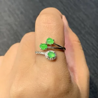 High-Icy Glowing Green Natural Jadeite Cabochon Ring — S925 Silver · No. 98E3