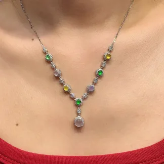 High-Icy Multicolor Natural Jadeite Cabochon Necklace — S925 Silver · No. 87C9