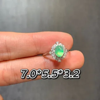 Clear Green Green-Mottled Natural Jadeite Cabochon Ring — S925 Silver · No. 7D0A