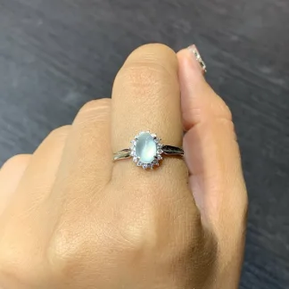 High-Icy Glowing Natural Jadeite Cabochon Ring — S925 Silver · No. 0BAB