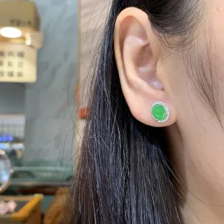 Icy Vivid Green Natural Jadeite Cabochon Stud Earrings — S925 Silver · No. E17B