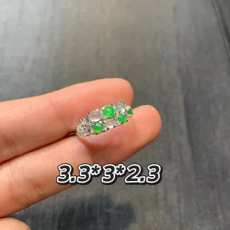 White and Green Double-Row Natural Jadeite Cabochon Ring — S925 Silver · No. FF14