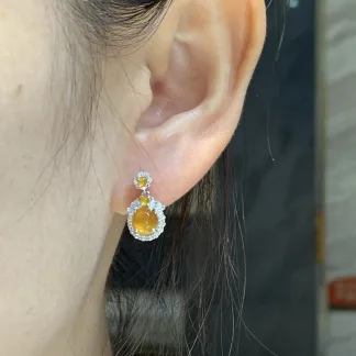 High-Icy Orange Honey Yellow Natural Jadeite Cabochon Drop Earrings — S925 Silver · No. 692A