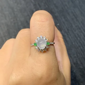 High-Icy Glowing Natural Jadeite Cabochon Ring — S925 Silver · No. DDC4