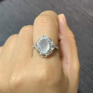 High-Icy Glowing Natural Jadeite Cabochon Ring — S925 Silver · No. E397