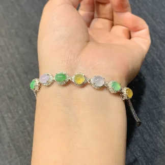 High-Icy Multicolor Natural Jadeite Cabochon Bracelet — S925 Silver · No. D011