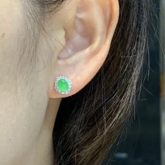 Icy Vivid Green Natural Jadeite Cabochon Stud Earrings — S925 Silver · No. 7854