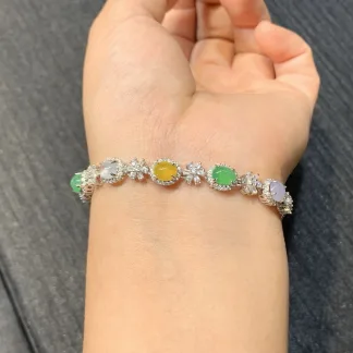 High-Icy Multicolor Natural Jadeite Cabochon Bracelet — S925 Silver · No. D116