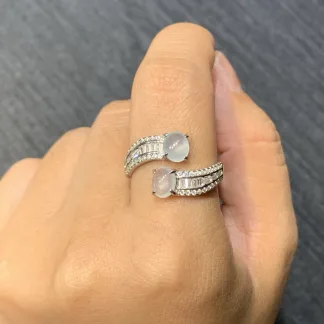 High-Icy Glowing Natural Jadeite Twin Cabochon Ring — S925 Silver · No. D67A