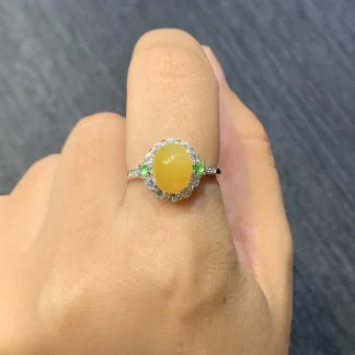 Icy Honey Yellow Natural Jadeite Cabochon Ring — S925 Silver · No. 1E25