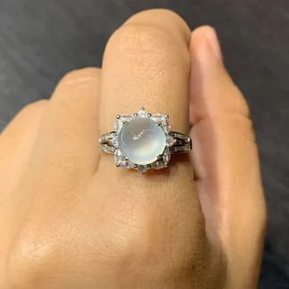 High-Icy Glowing Natural Jadeite Cabochon Ring — S925 Silver · No. 3DDC