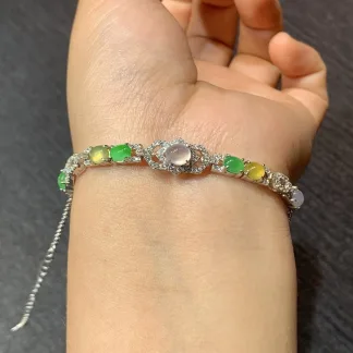 High-Icy Multicolor Natural Jadeite Cabochon Bracelet — S925 Silver · No. A9A5