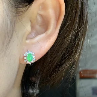Icy Vivid Green Natural Jadeite Cabochon Stud Earrings — S925 Silver · No. 1921