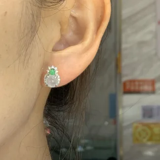 High-Icy Glowing Natural Jadeite Cabochon Stud Earrings — S925 Silver · No. F57A
