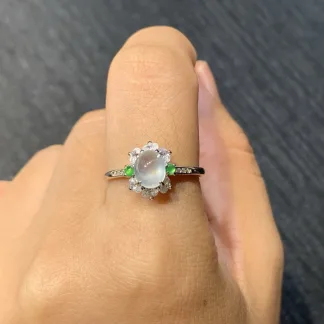 High-Icy Glowing Natural Jadeite Cabochon Ring — S925 Silver · No. C96D