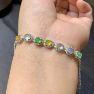 High-Icy Multicolor Natural Jadeite Cabochon Bracelet — S925 Silver · No. 383E
