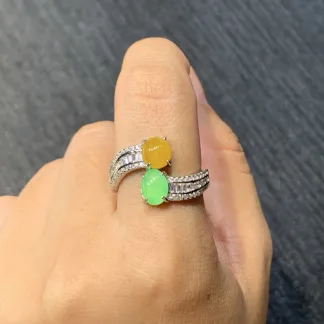 High-Icy Yellow and Green Natural Jadeite Cabochon Ring — S925 Silver · No. 8A33
