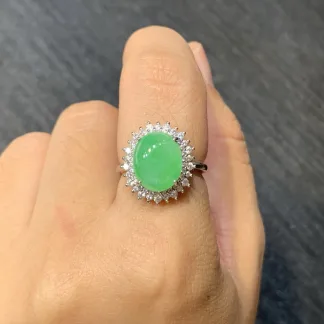 Icy Vivid Green Natural Jadeite Cabochon Ring — S925 Silver · No. 74D7
